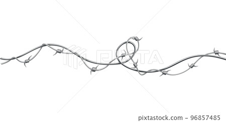 Barbed wire. Fencing strong sharply pointed element, twisted around, art pattern. Industrial barbwire, protection concept design. Modern metallic sharp element for area protection Barbed wire. Fencing strong sharply pointed element, twisted around, art pattern. Industrial barbwire, protection concept design. Modern metallic sharp element for area protection 96857485