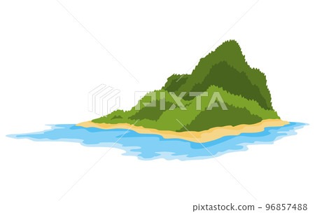 Tropical island with green trees in ocean. Uninhabited isle with beach surrounded with sea water. Empty land and no people. Exotic natural landscape for vacation or summer weekend holiday Tropical island with green trees in ocean. Uninhabited isle with beach surrounded with sea water. Empty land and no people. Exotic natural landscape for vacation or summer weekend holiday 96857488