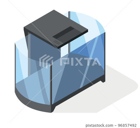 Isometric aquarium in modern minimalistic style. Transparent acrylic, plastic or plexiglass box for exhibit. Vector illustration empty clear glass showcase on white background Isometric aquarium in modern minimalistic style. Transparent acrylic, plastic or plexiglass box for exhibit. Vector illustration empty clear glass showcase on white background 96857492