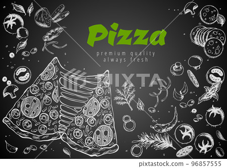 Hand drawn pizza line banner. Engraved style chalk doodle background. Savoury pizza ads. Tasty vector banner for cafe, restaurant or food delivery service Hand drawn pizza line banner. Engraved style chalk doodle background. Savoury pizza ads. Tasty vector banner for cafe, restaurant or food delivery service 96857555