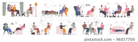 People at psychotherapist. Person sitting on chair psychologist, group therapy mental couch, support depressed girl, couple psychological counselling, recent vector illustration 96857709