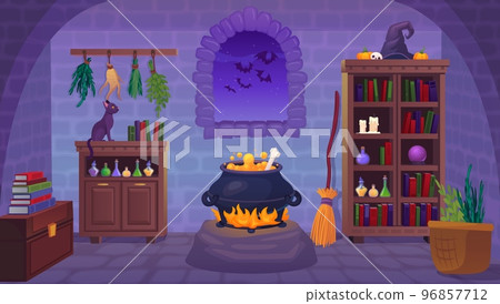 Witch room. Witches interior inside magic house or horror cellar indoors mystery castle, cartoon wizard home scary basement with cauldron, halloween ingenious vector illustration 96857712