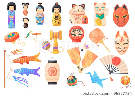 Japanese national toys. Fortune japan toy souvenirs and lucky items, kokeshi doll temari ball kawaii cat clay figurines in kimono daruma traditional asia, neat vector illustration 96857724