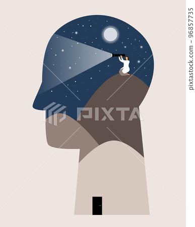 Person head inside which the psychologist highlights the solution to the problem with a lantern. Patient psychotherapy. Solving psychological problems 96857735