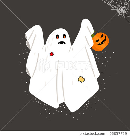 Magic cloth Ghost with cartoon scary spooky face. Cute flying phantom vector illustration. Creepy boo character for Halloween Magic cloth Ghost with cartoon scary spooky face. Cute flying phantom vector illustration. Creepy boo character for Halloween 96857739