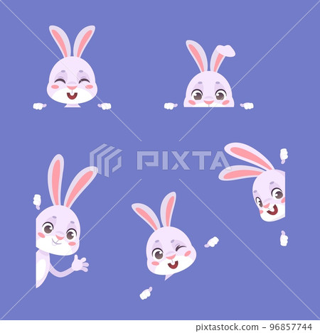 Hiding rabbits. Peeking easter rabbit, cute bunny peek from hole, cartoon animal with space for text banners border or frame in funny paw, kid boo gift pet vector illustration 96857744