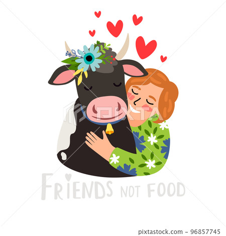 Happy kind girl shows her love to animals and hugging a cow. Nature respect concept and vegan lifestyle. Cute calf with the flower wreath on head and surrounded by hearts 96857745