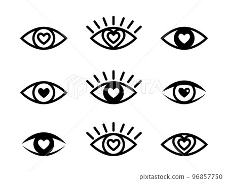 Enamored black eyes icons collection. Images of in love eyes, vector observation and search signs 96857750