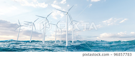 Wind turbines in waving sea. 3D render Wind turbines in waving sea. 3D render 96857783