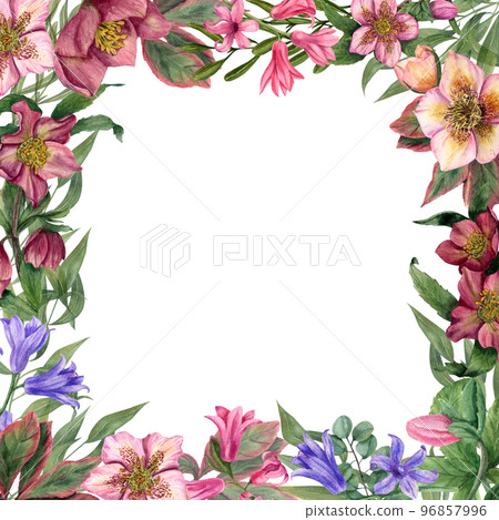 Watercolor romantic frame with hearts and flowers on a white background. For create Valentine's day, birthday, mother's day, wedding cards. Template for decorating designs and illustrations. 96857996