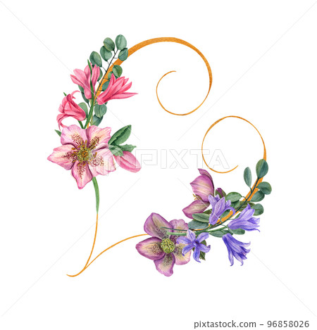 watercolor romantic frame with heart and flowers on a white background. Cute Valentines Day wreath for your design. Wedding round shape template. 96858026
