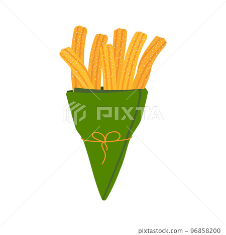 Tasty sweet or salty churros. Paper cup. Traditional Spanish and Mexican food Tasty sweet or salty churros. Paper cup. Traditional Spanish and Mexican food 96858200