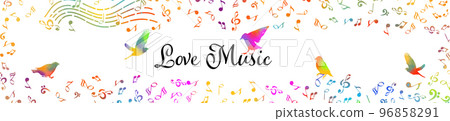 music notes and birds horizontal frame background. Vector illustration 96858291