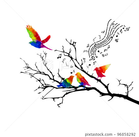 Colored birds on a branch sing songs. Vector illustration Colored birds on a branch sing songs. Vector illustration 96858292