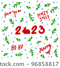 New Year card c 2023. Merry Christmas and Happy New Year for posters, holiday covers. With carrot hare and Christmas trees in a doodle background. 96858817