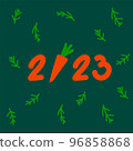 New Year's card with a carrot. Merry Christmas and Happy New Year for posters, holiday covers. In a doodle background of Christmas trees. 96858868