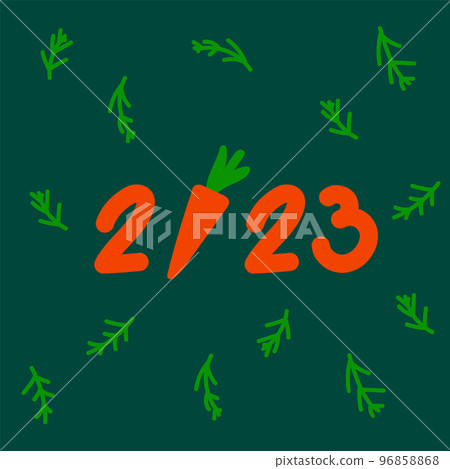 New Year's card with a carrot. Merry Christmas and Happy New Year for posters, holiday covers. In a doodle background of Christmas trees. New Year's card with a carrot. Merry Christmas and Happy New Year for posters, holiday covers. In a doodle background of Christmas trees. 96858868