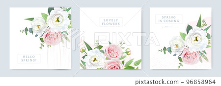 Spring floral card set. Watercolor bouquet illustration. Pink rose, white flowers, jasmine, green eucalyptus branch leaves, abstract stripes painting. Marriage, wedding invite stylish template design 96858964