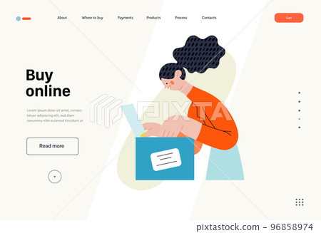 Buy online - Online shopping and electronic commerce series - modern flat vector concept illustration of a woman unpacking a parcel box. Delivery, discounts, sale and online orders concept 96858974