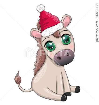 Cute donkey in santa hat with balloon, gift, candy kane, ice skating and winter sports. Postcard for Christmas and New Year. Cute donkey in santa hat with balloon, gift, candy kane, ice skating and winter sports. Postcard for Christmas and New Year. 96859139