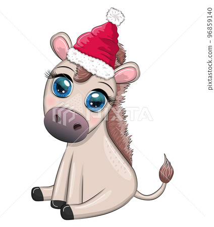 Cute donkey in santa hat with balloon, gift, candy kane, ice skating and winter sports. Postcard for Christmas and New Year. 96859140