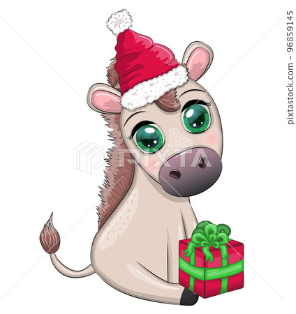 Cute donkey in santa hat with balloon, gift, candy kane, ice skating and winter sports. Postcard for Christmas and New Year. Cute donkey in santa hat with balloon, gift, candy kane, ice skating and winter sports. Postcard for Christmas and New Year. 96859145