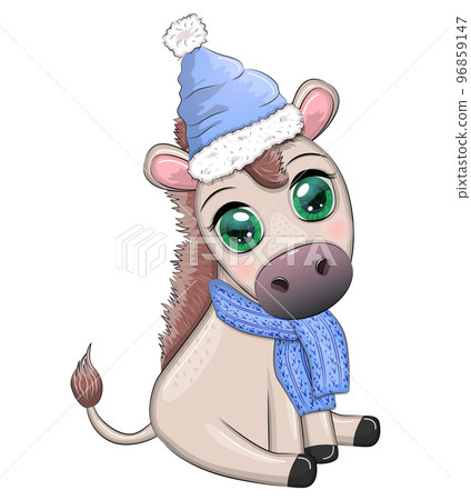 Cute donkey in santa hat with balloon, gift, candy kane, ice skating and winter sports. Postcard for Christmas and New Year. 96859147