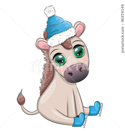 Cute donkey in santa hat with balloon, gift, candy kane, ice skating and winter sports. Postcard for Christmas and New Year. Cute donkey in santa hat with balloon, gift, candy kane, ice skating and winter sports. Postcard for Christmas and New Year. 96859149