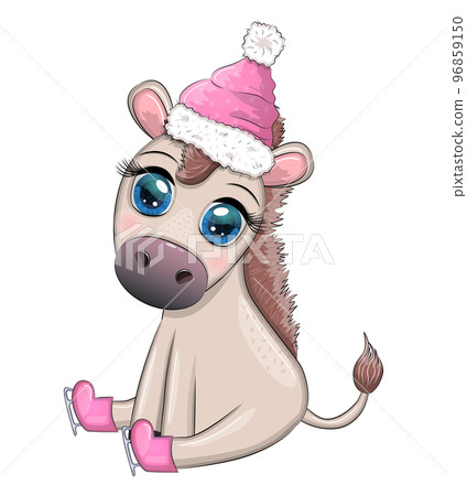Cute donkey in santa hat with balloon, gift, candy kane, ice skating and winter sports. Postcard for Christmas and New Year. Cute donkey in santa hat with balloon, gift, candy kane, ice skating and winter sports. Postcard for Christmas and New Year. 96859150