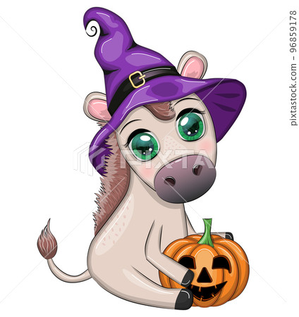 Cute donkey in purple witch hat, with broom, pumpkin, potion. Halloween card for the holiday. 96859178