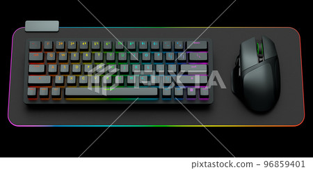 Computer keyboard and mouse on professional pad isolated on black background. Computer keyboard and mouse on professional pad isolated on black background. 96859401