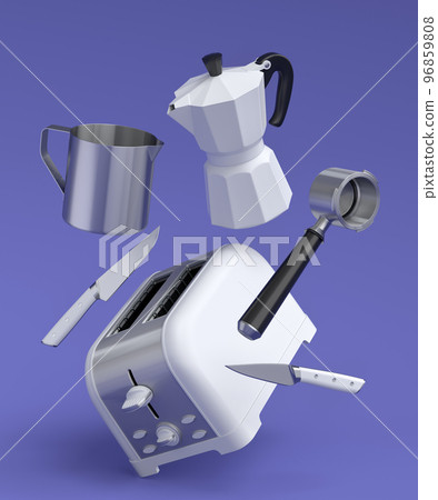 Toaster, coffee machine horn and geyser coffee maker on violet background. 96859808