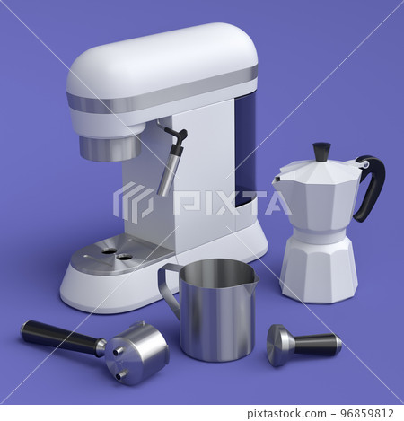 Espresso coffee machine with horn and geyser coffee maker on violet background. Espresso coffee machine with horn and geyser coffee maker on violet background. 96859812