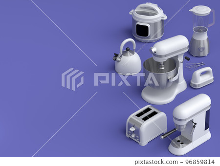 Electric kitchen appliances and utensils for making breakfast on violet 96859814