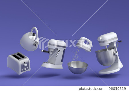 Espresso coffee machine, hand mixer, kettle and toaster on violet background. 96859819