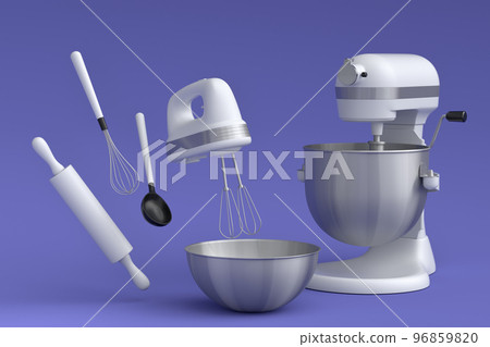 Mixer and bowl with kitchen utensil for preparation of dough on violet Mixer and bowl with kitchen utensil for preparation of dough on violet 96859820