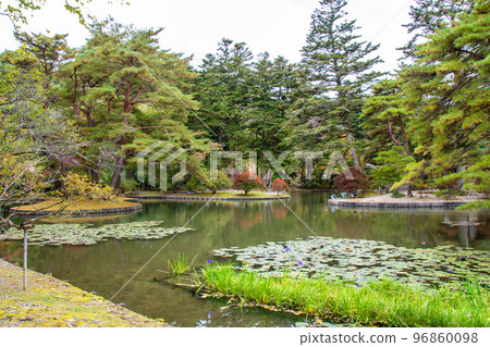 國家史蹟/名勝、有備館、迴旋式池塘庭園、過季的花菖蒲 96860098