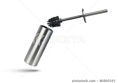 Black toilet brush isolated on white. Close-up of a toilet cleaning brush with metal elements to insert into a project or design. Metal brush for the toilet on a white background. Black toilet brush isolated on white. Close-up of a toilet cleaning brush with metal elements to insert into a project or design. Metal brush for the toilet on a white background. 96860343