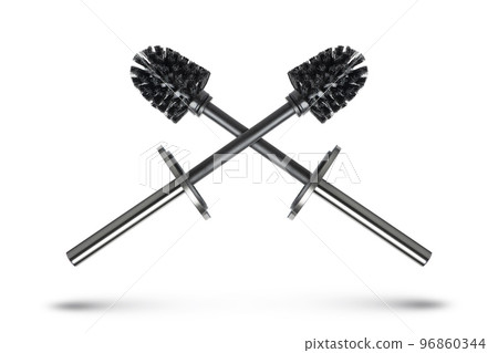 Black toilet brush isolated on white. Close-up of a toilet cleaning brush with metal elements to insert into a project or design. Metal brush for the toilet on a white background. 96860344