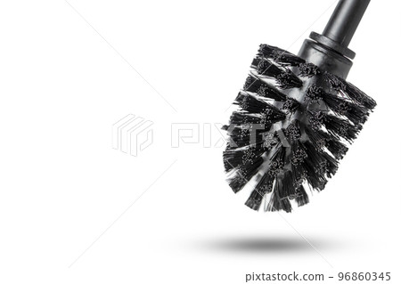 Black toilet brush isolated on white. Close-up of a toilet cleaning brush with metal elements to insert into a project or design. Metal brush for the toilet on a white background. 96860345