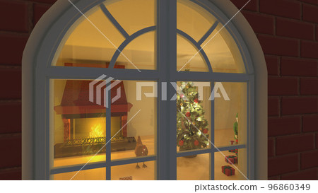 The warm light of the fireplace and the Christmas tree peeking through the window from outside The warm light of the fireplace and the Christmas tree peeking through the window from outside 96860349
