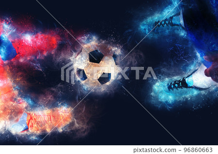 Two soccer players challenge each other at the stadium with electric energy effects Two soccer players challenge each other at the stadium with electric energy effects 96860663