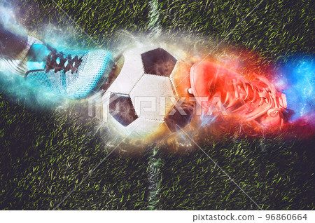 Two soccer players challenge each other at the stadium with electric energy effects Two soccer players challenge each other at the stadium with electric energy effects 96860664