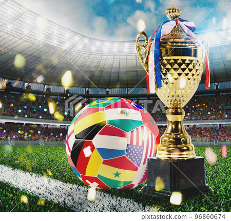 Golden football trophy with soccerball with worldwide contries 96860674