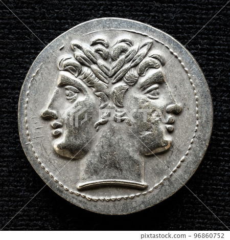 Ancient coin showing two-headed Roman god Janus, 225-214 BC Ancient coin showing two-headed Roman god Janus, 225-214 BC 96860752