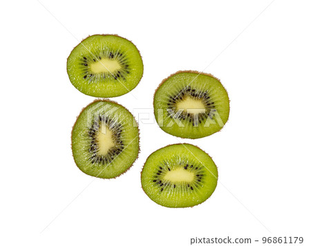 Two unpeeled kiwis are cut into halves. View from above. 96861179