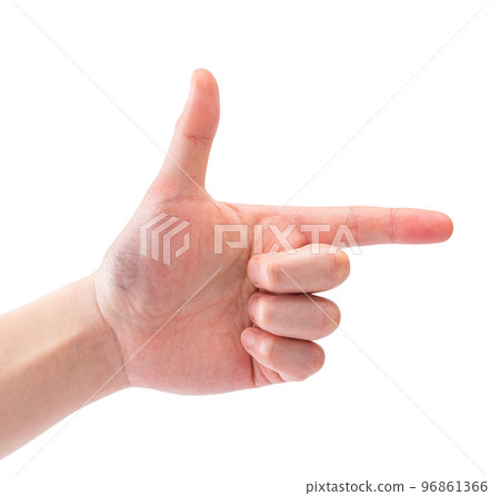 用拇指和食指(白色背景)製作 L 形的男性手 用拇指和食指(白色背景)製作 L 形的男性手 96861366
