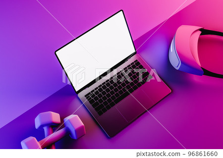 Mock up of a laptop next to dumbbells and virtual reality goggles. 3d render 96861660