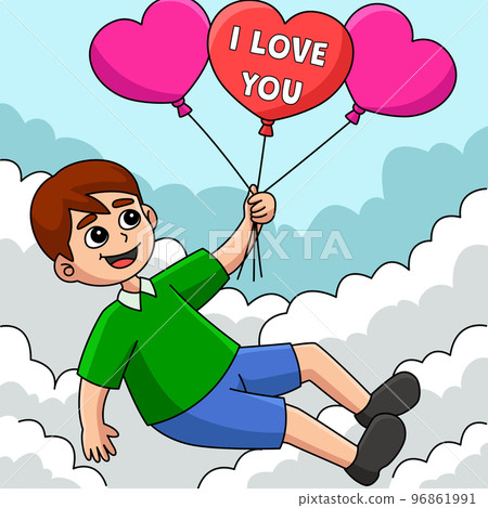 Valentines Day Boy Holding Balloons Colored  96861991