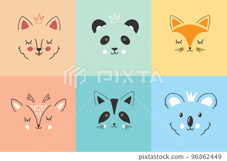 Cute Animal face. Cartoon animals collection, dog, panda, fox, deer, raccoon and koala. Vector illustration Cute Animal face. Cartoon animals collection, dog, panda, fox, deer, raccoon and koala. Vector illustration 96862449